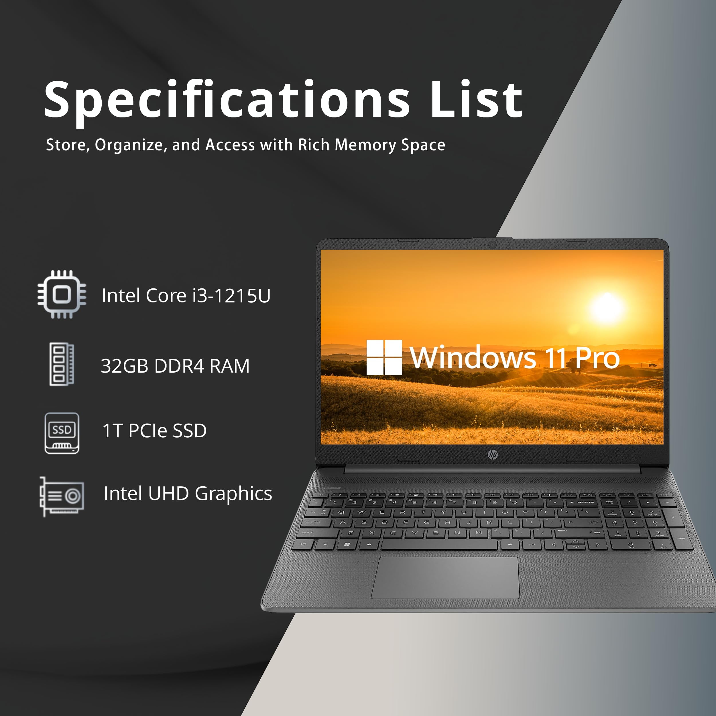 HP 15.6” FHD Laptop, Intel i3-1215U, 32GB RAM, 1TB SSD, Intel UHD Graphics, HD Webcam, Numpad, Wi-Fi 6, Bluetooth, Gray, Windows 11 Pro, 32GB USB Card