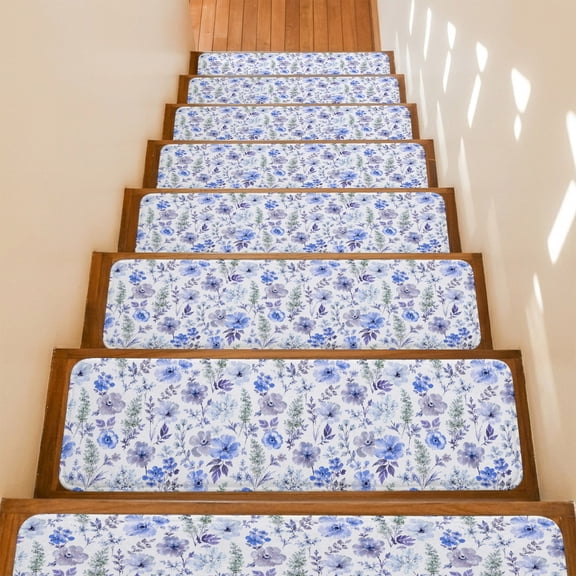 Blue Watercolor Floral Non-Slip Stair Treads for Wooden Steps, 4 Pack 8x30 Inches Carpet Stair Mats with Adhesive Backing, Noise-Reducing Step Covers for Indoor Stairs, Easy to Install & Residue-Free
