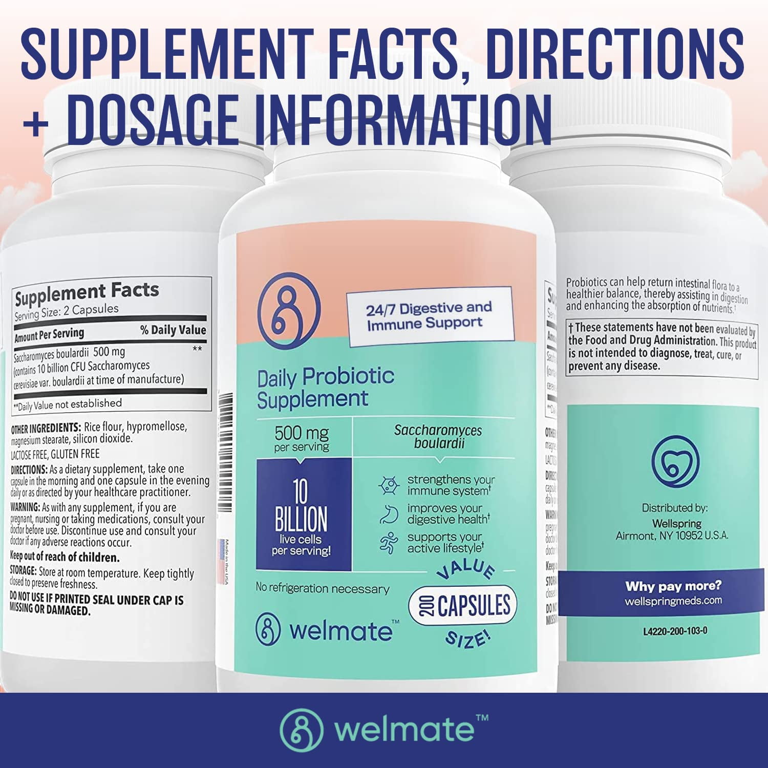 WELMATE Daily Probiotic Supplement 10 Billion CFU Saccharomyces Boulardii Probiotics, 200 Capsules