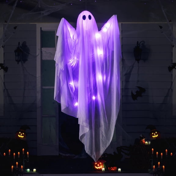 XHKUYI 2 PCS Halloween Hanging Light up Ghost Decorations 47 inches, Halloween White Hanging Ghosts with Purple LED Lights, for Haunted House, Party, Front Yard Patio Garden Decor