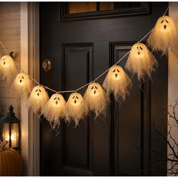 Halloween Ghost String Lights, 4.9ft 10-LED Battery Operated Decorative Lights for Party Decor, Warm White Holiday Lighting, 1Pack