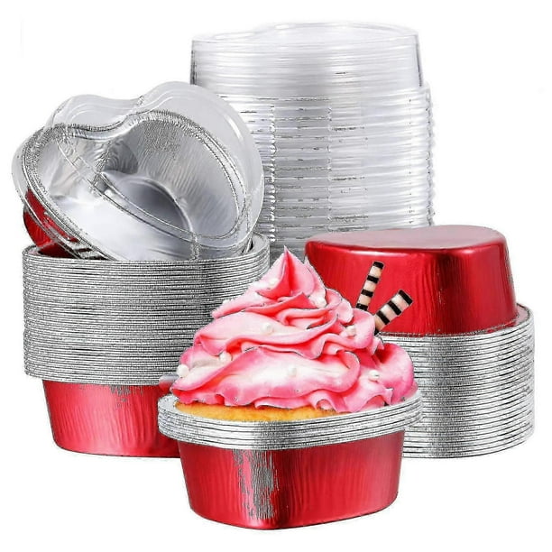 100 Pcs Valentine Red Heart Shaped Cake Pan Cupcake Cups With Lids Disposable Cupcake Cups Flan Bak
