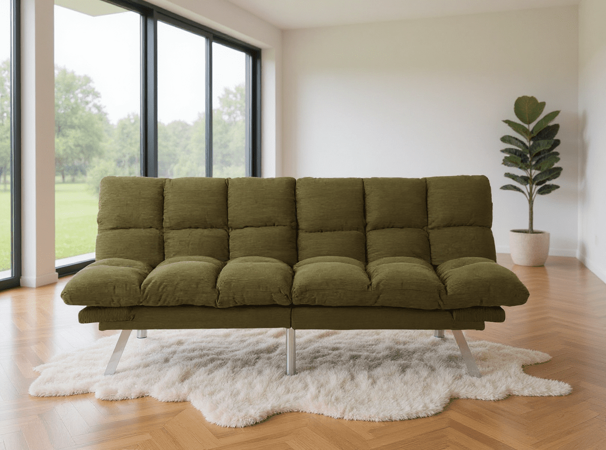Gewnee 67.3 Inch Futon Sofa Bed, Corduroy Fabric Sleeper Sofa, Modern Loveseat for Apartments and Offices, Adjustable Backrest and Armrests.Green
