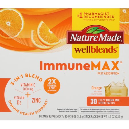Nature Made Immune MAX Fizzy Drink Mix, 2000mg Vitamin C, Orange, 30 Stick Packs