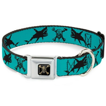 Dog Collar Seatbelt Buckle Pirates Skull Crossbones Sharks Turquoise Black 11 to 17 Inches 1.0 Inch Wide