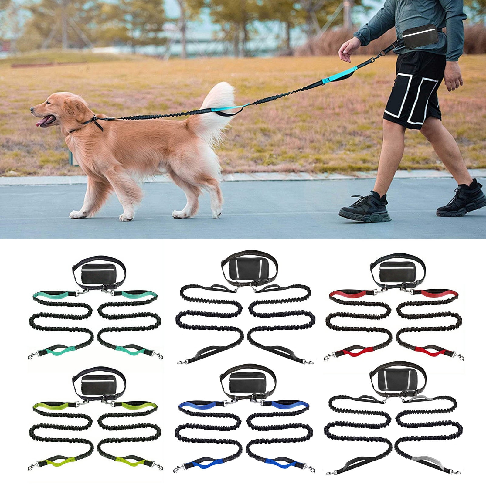 Dog Leash with Waist Bag Reflective Retractable Leash for Two Dogs Hands-Free Running Leash with Padded Handles Night Safety Walking Gear