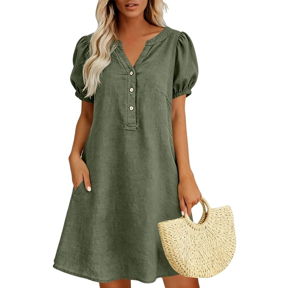 ClodeEU Women's Linen Blend V Neck Puff Sleeve Half Button Midi Dress with Pockets ,Solid Color Casual Summer Dress Army Green,Women's Plus L