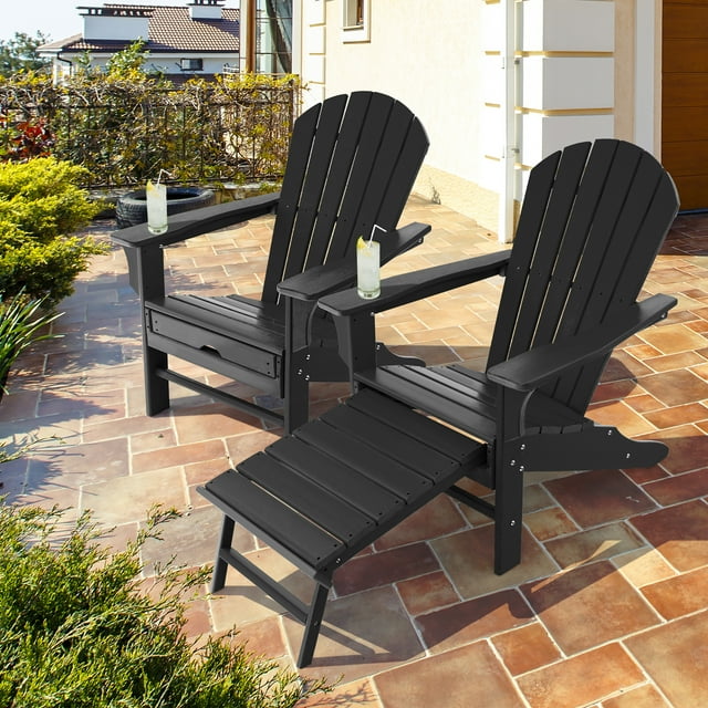 Costway 2 PCS Outdoor Patio HDPE Adirondack Chair Beach Seat Retractable Ottoman Black