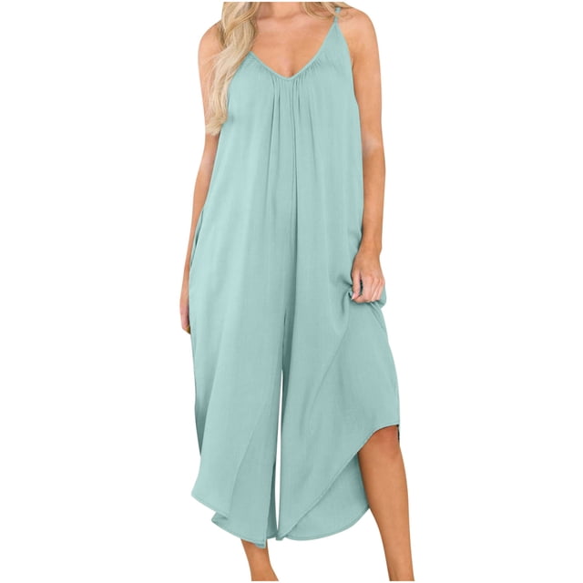 aidice Summer Rompers for Women Casual V Neck Spaghetti Strap Loose Ruched Wide Leg Pants Jumpsuit Vacation