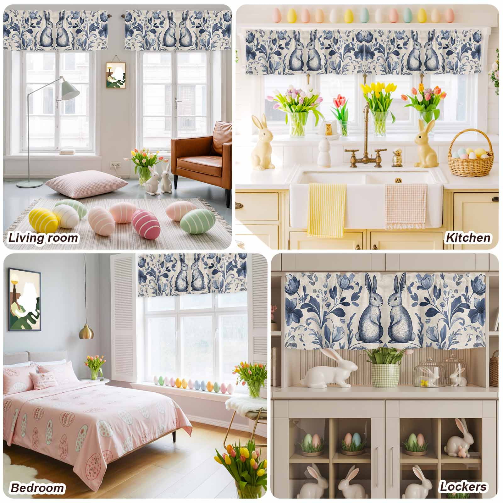 Easter Rabbits Valances for Windows, Cute Blue Bunny Watercolor Boho Floral Leaf Linen Texture Valance Window Treatment Rod Pocket Short Curtains Valances for Kitchen Bathroom 60"W x18"L
