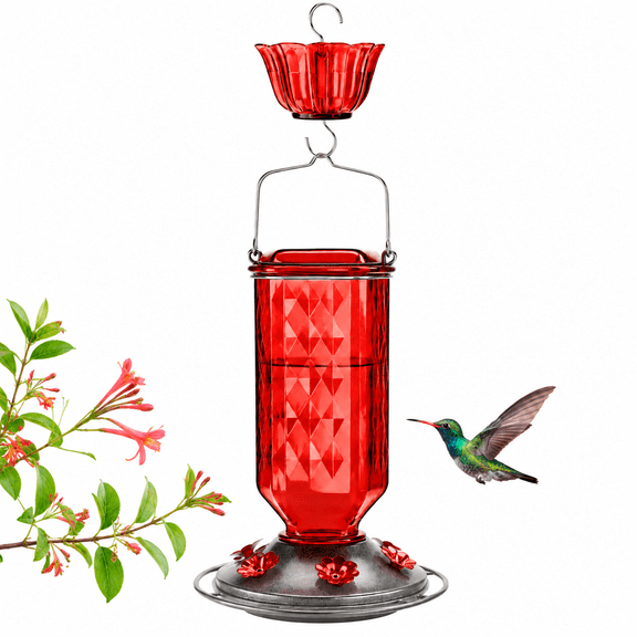 Hummingbird Feeder with 5 Flower Ports, Anti-Ant and Leak-Proof, Large Capacity UV-Proof Plastic, Hanging, Red