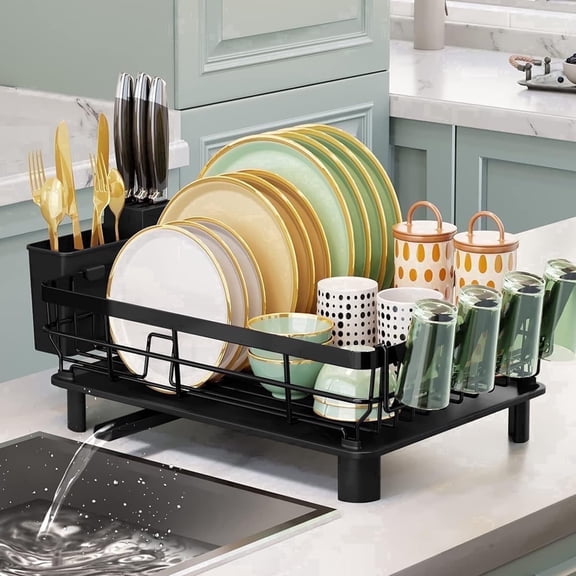 Dish Rack Dish Drainers for Kitchen Counter, 16.9''L x 13''W x 5.9''H Dish Rack with Drain , Dish Drying Rack Drain with Utensil Holder, Cup Holder, Kitchen Dishes Storage and Organizers