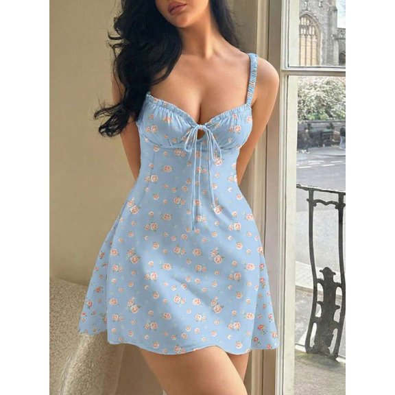 Blue Floral Print Sweetheart Neck Tie-Front Elastic Camisole Mini Dress For Women