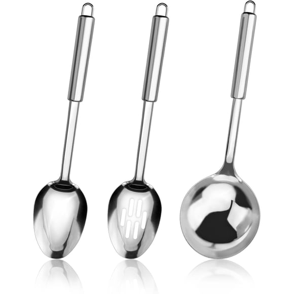 Yitexin 3 Pieces Stainless Steel Cooking Spoon, Slotted and Soup Ladle, Reusable Large Sliver Serving Spoon, Heat Resistant Kitchen Utensil with Handle for Home Restaurant(3, Sliver)