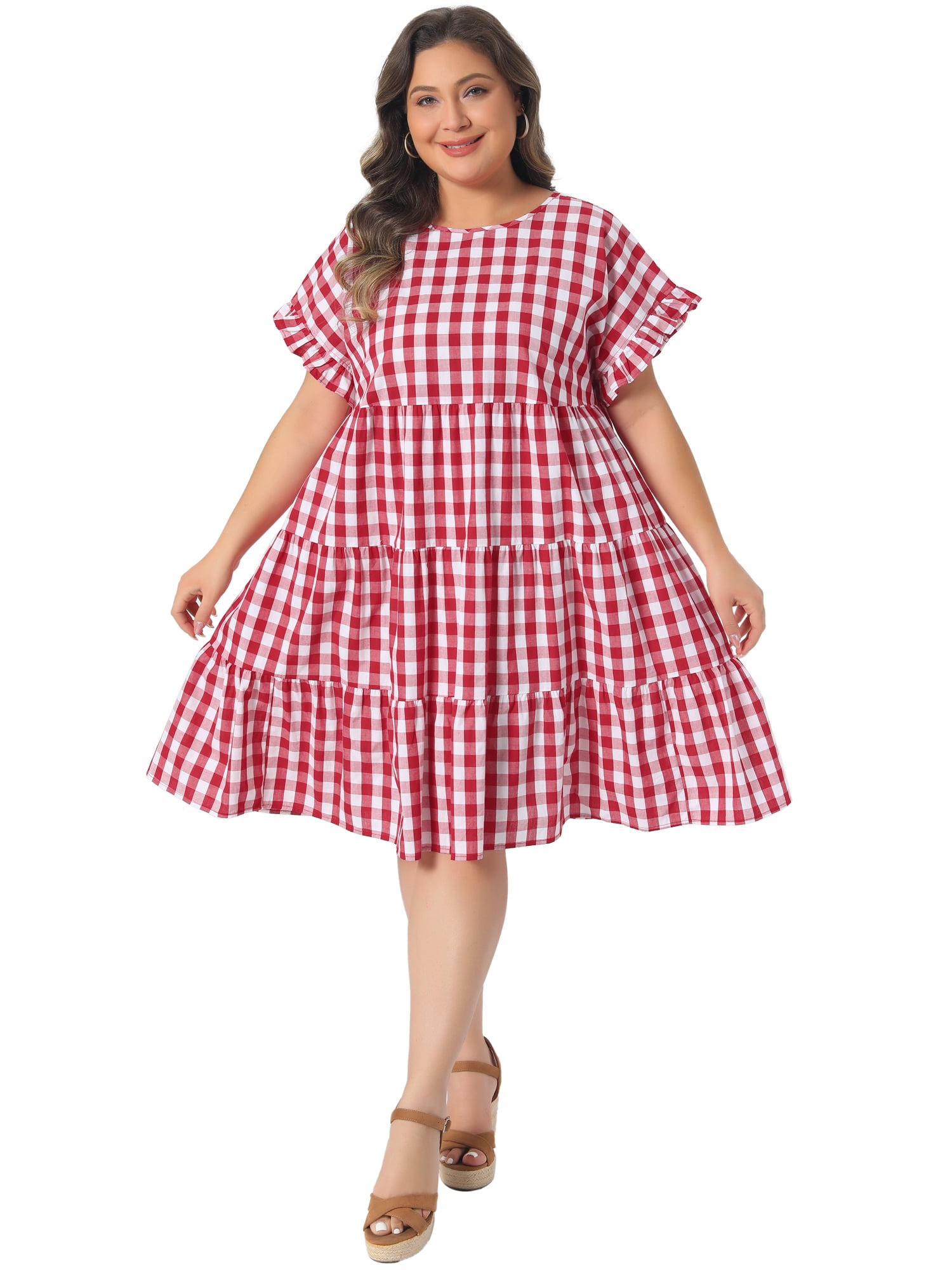 DARING DIVA Women's Plus Gingham 1950s Plaid Round Neck Dress 1X Red