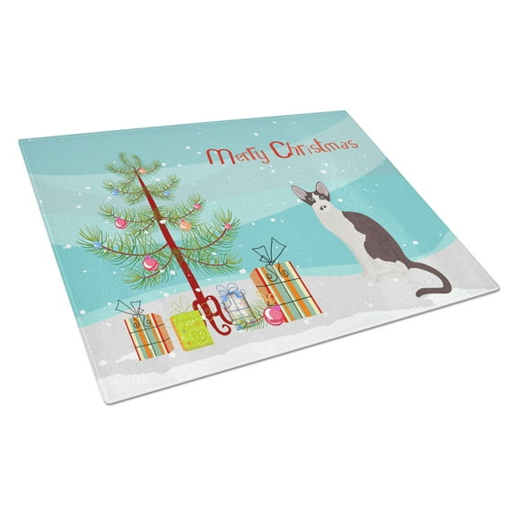 Carolines Treasures CK4782LCB Oriental Bicolor Cat Merry Christmas Glass Cutting Board Large, 12H x 16W, multicolor