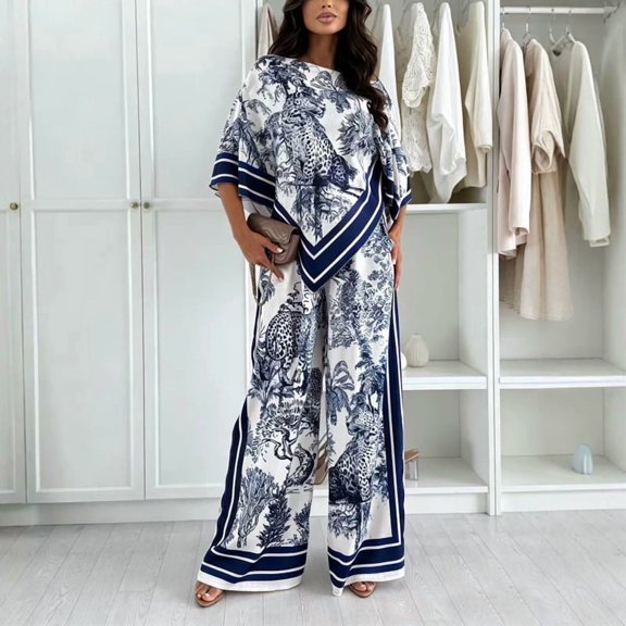 Morttic Women's Batwing Sleeve Top & Wide Leg Pants Matching Set – Fashionable Forest Animal Print Lounge 2 Piece Outfit Navy Blue,S