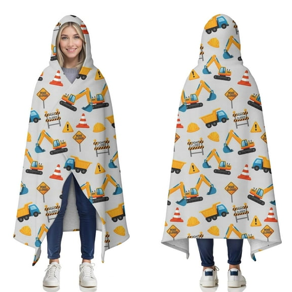Wearable Blanket,Cartoon Construction Vehicles Barriers Hooded Wearable Sherpa Blanket for Adults & Teens,Winter Poncho Shawl Wrap Cape Thick Warm,50"x60"