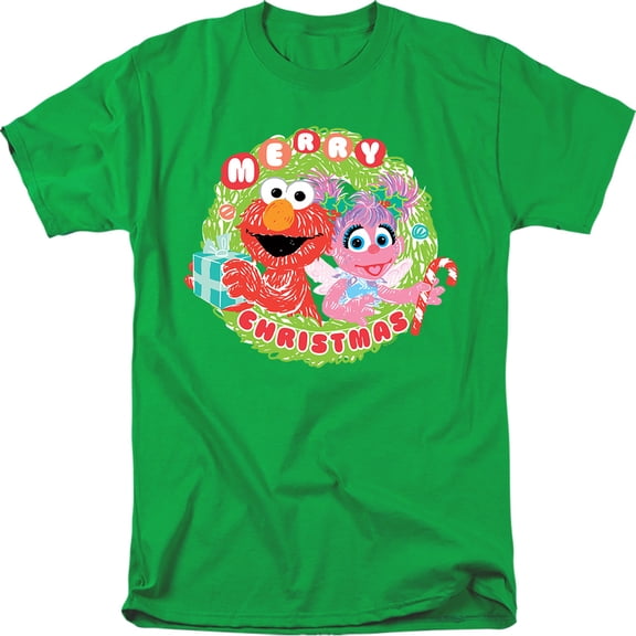 Sesame Street Merry Christmas Elmo And Abby Cadabby Unisex Adult T Shirt, Kelly Green, Small