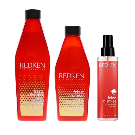 Redken Frizz Dismiss Trio: Shampoo 10.1 oz & Conditioner 8.5 oz Instant Deflate Oil-In-Serum - 4.2 oz