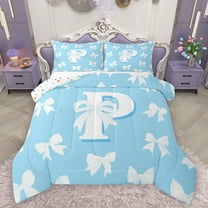 Manfei Blue Ribbon Monogrammed P Queen Comforter Set, Cute Princess Bowknot Bedding Sets, Teens Kids Boys Girls Reversible Bedding Comforter Set, Breathable Home Decor, 3-Piece