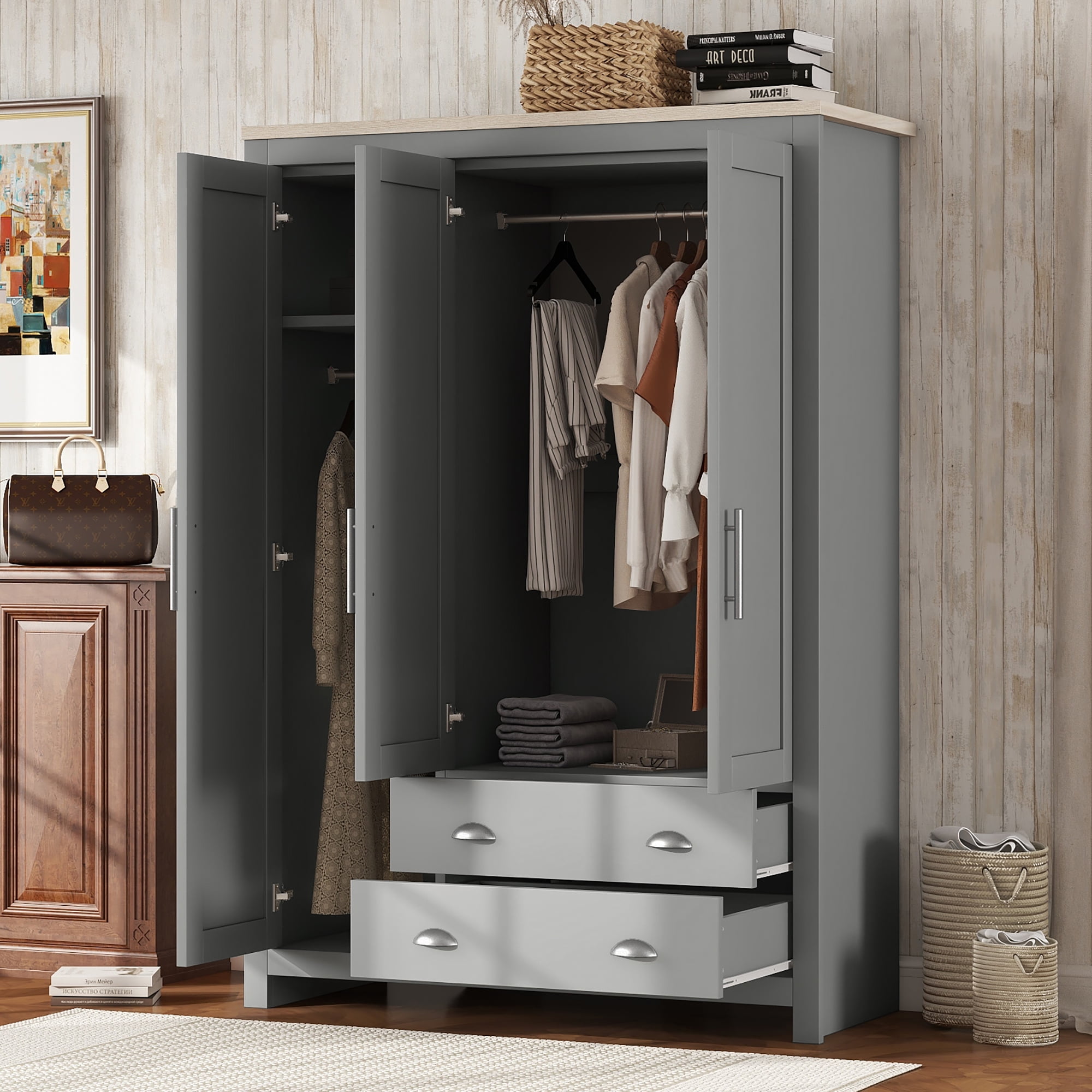 EUROCO 67.9” Modern Armoire Wardrobe, 3 Door Cabinet Storage Closet with Clothing Rods Adults, Gray