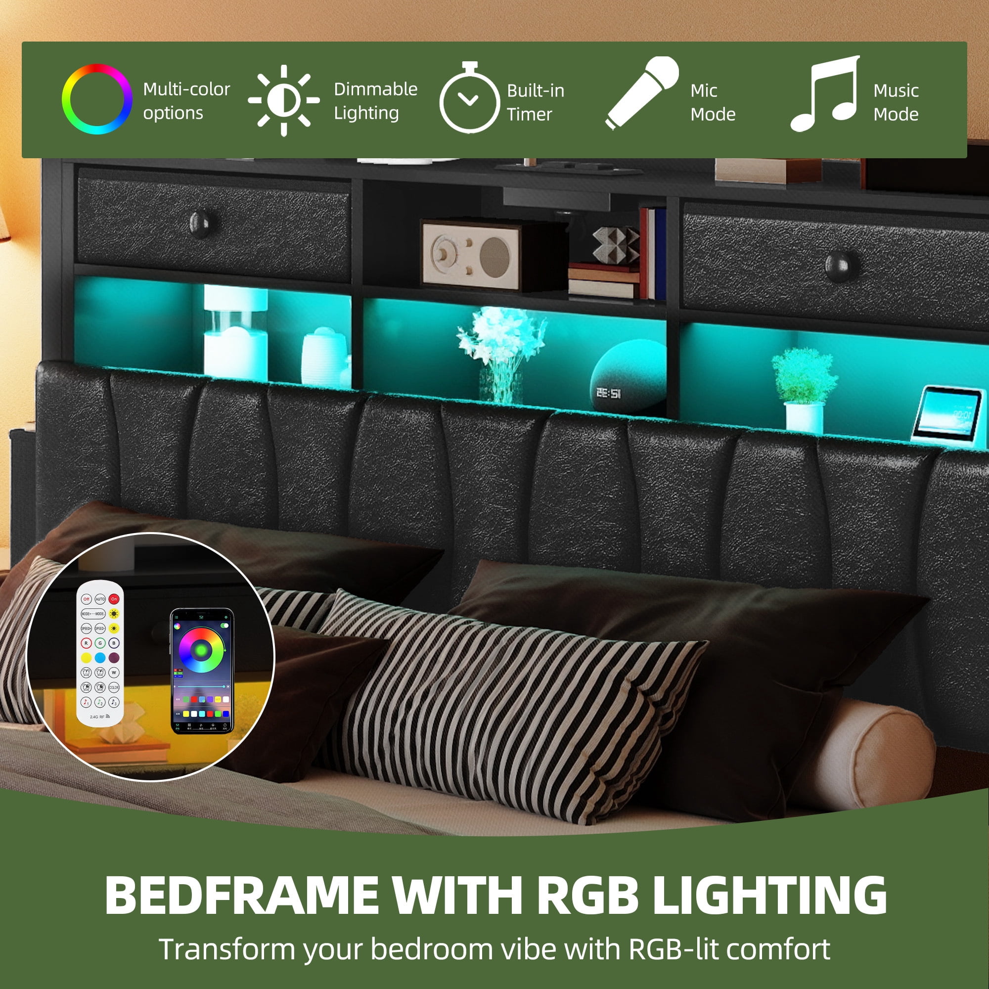 Uforic Queen Size Bed Frame with 2 Storage Drawers & Charging Station, PU Leather Upholstered Bed with Storage Headboard, LED Light, Heavy Duty Metal Support, Noise Free, No Box Spring Needed, Black