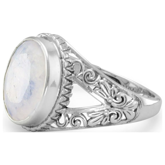 Rainbow Moonstone Ring with Scroll Design Split Band Antiqued Sterling Silver