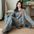 thumbnail image 4 of Pijama de algodón de gran tamaño para mujer, conjunto de dos piezas con pantalones de manga larga y estampado de dibujos animados, cárdigan de solapa para primavera y otoño, pijama fino, 4 of 5