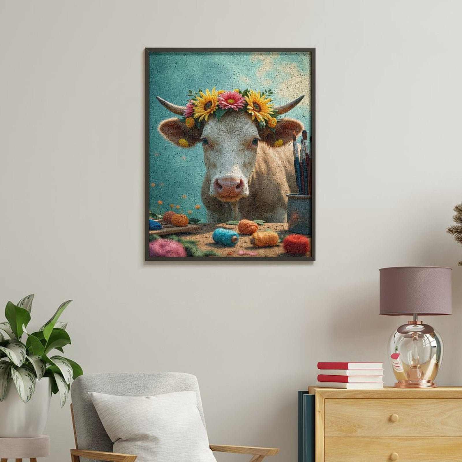 Paint By Numbers Kit for Adults Beginner - DIY Cow Flower Crown Art Supplies Canvas Painting Kits for Adults, Frameless Paint By Number for Adults for Home Wall Decor 16x20 Inch