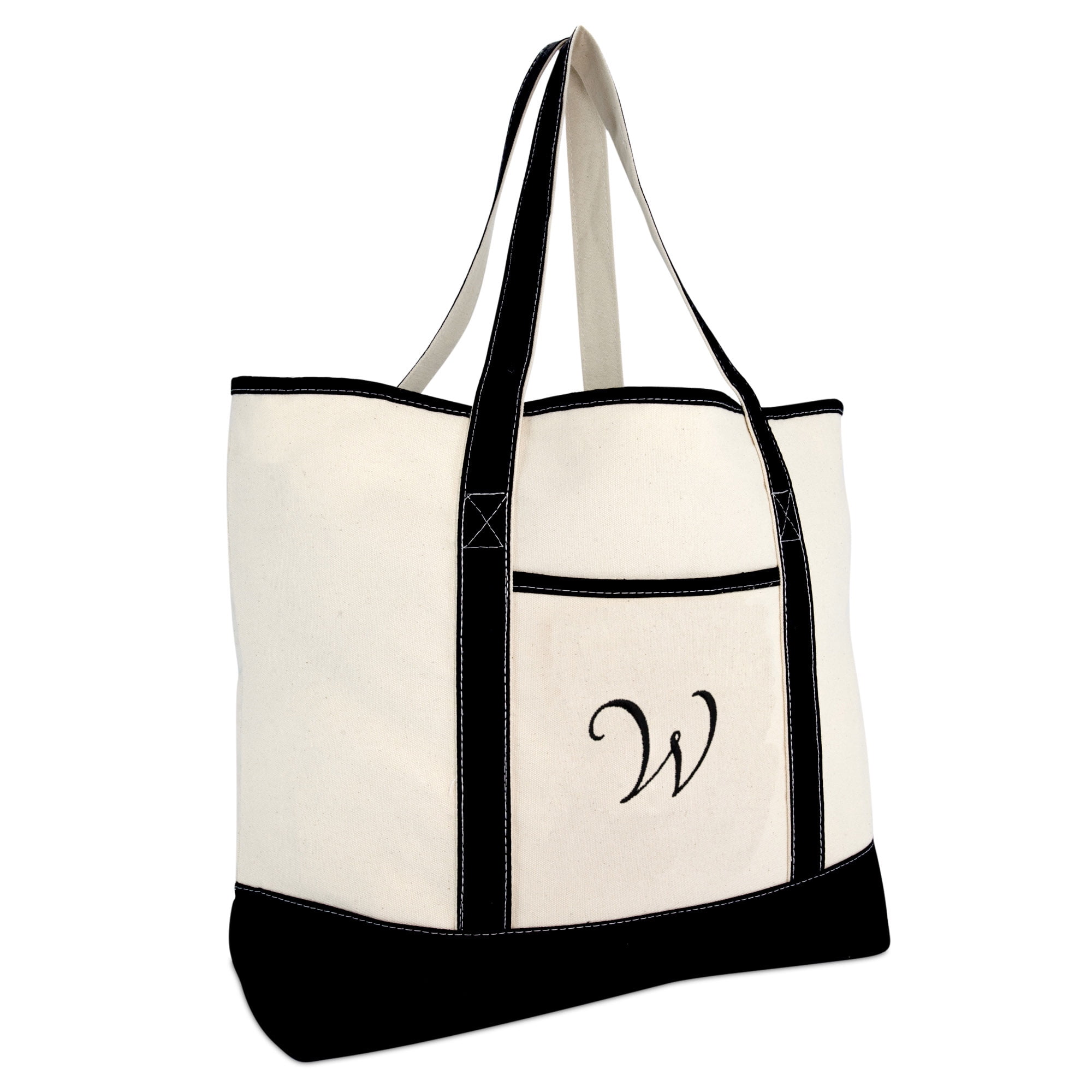 DALIX Monogram Bag Personalized Totes For Women Open Top Black Letter W - 0