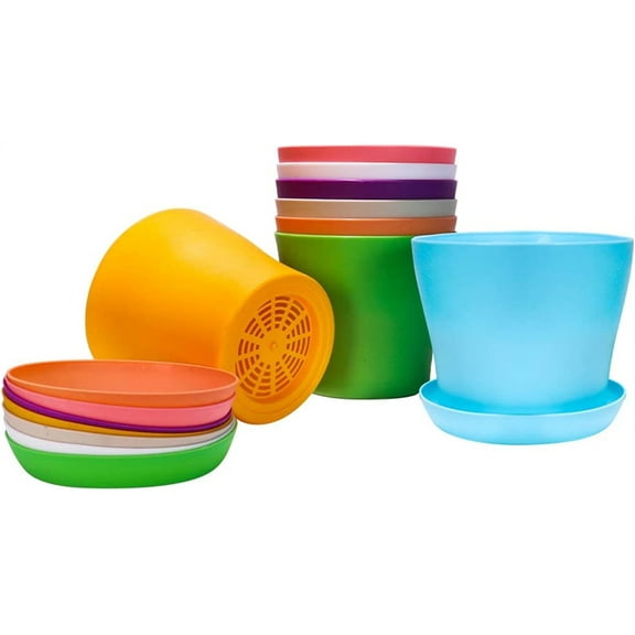 Tutuviw 8 Pack 5.5 inch Plastic Planters Assorted Flower Plant Pots Seedling Nursery Pots with Tray, Outdoor Indoor Plants for Seedling, Transplanting, Cutting, Random Color (M Size )