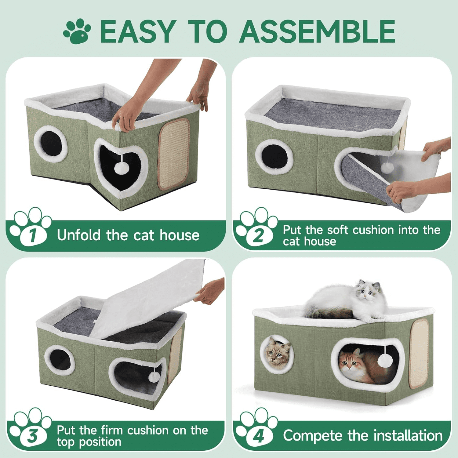 Cat Beds for Indoor Cats, Extra Wide Large Cat House for Pet Cat Cave with Scratch Pad and Fluffy Hanging Ball,Foldable Cat Cube Hideaway,Green