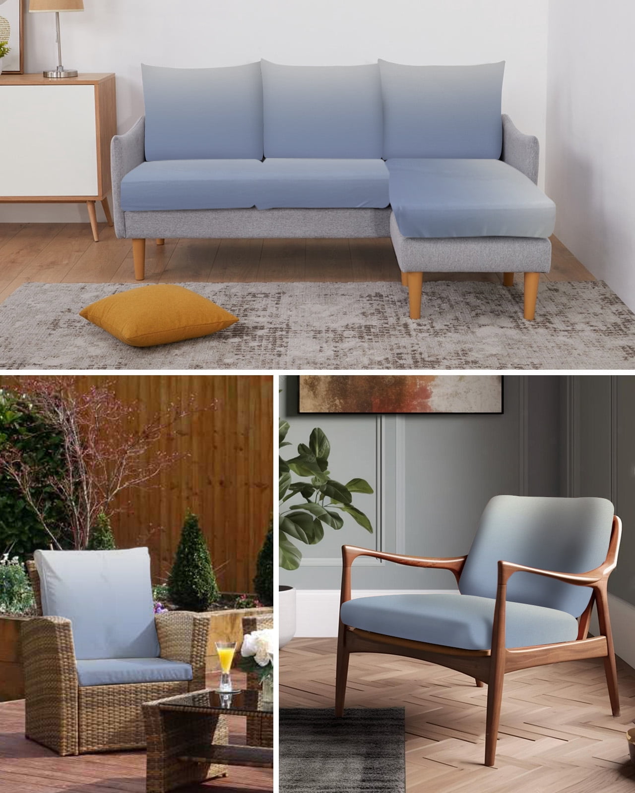 Ombre Grey Blue| Couch Cushion Covers, Stretch Seat Cushion Covers for Sectional Sofa, Abstract Art Individual Sofa&nbsp;Slipcovers Furniture Protector with Elastic&Straps Small 1Pcs