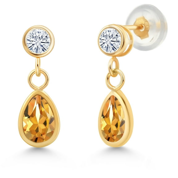 Gem Stone King 14K Yellow Gold Yellow Citrine and White Moissanite Dangle Earrings for Women (0.86 Cttw, Gemstone November Birthstone, Pear Shape 6X4MM, Round 3MM)