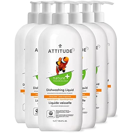 Attitude Dish Detergent, Plant- And Mineral-Based Effective Dishwashing Liquid Soap Formula, Biodegradable, Vegan And Cruelty-Free, Citrus Zest, 33.8 Fl Oz (Pack Of 6)