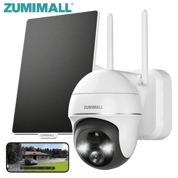 ZUMIMALL 360° PTZ Wireless Outdoor Solar & Battery Powered Security Camera, 2K/3MP Color Night Vision, 2.4GHz WiFi, Works with Alexa