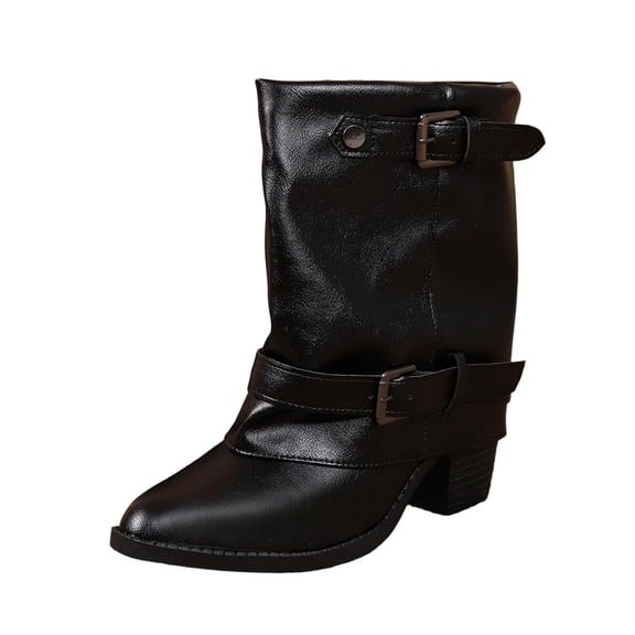 YSUEJPF Fold Over Boots for Women Pointed Toe Block Heel Wide Calf Buckle Shark Boots Casual Trendy Slouchy Shoes