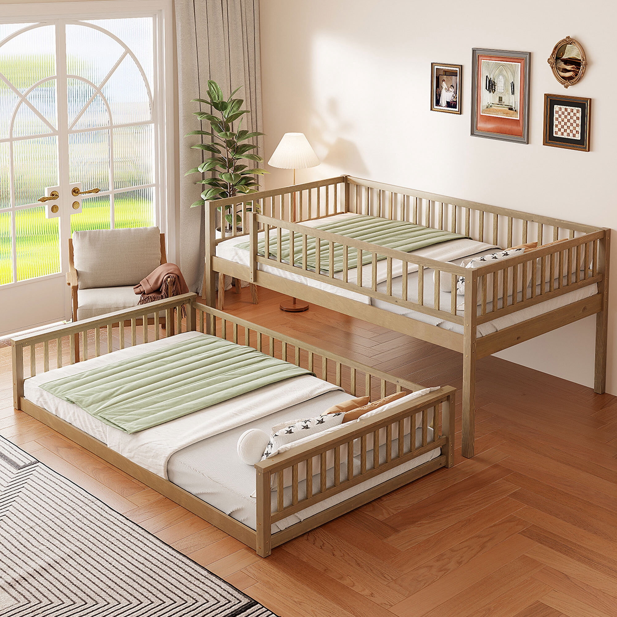 Euroco Wood Queen over Queen Bunk Bed with Ladder and Guardrails, Walnut