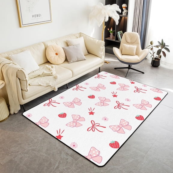 Pink Bowknots Area Rug,Princess Bow Stars Daisy Flowers Dreamy Decorative Rug For Bedroom Playroom Backyard,Cute Polka Dots Strawberry Graffiti Non Slip Carpet 1x2ft