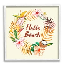 Hello Beach Greeting Warm Tropical Palm Wreath Inspirational Framed Art Print Wall Art, 17x17