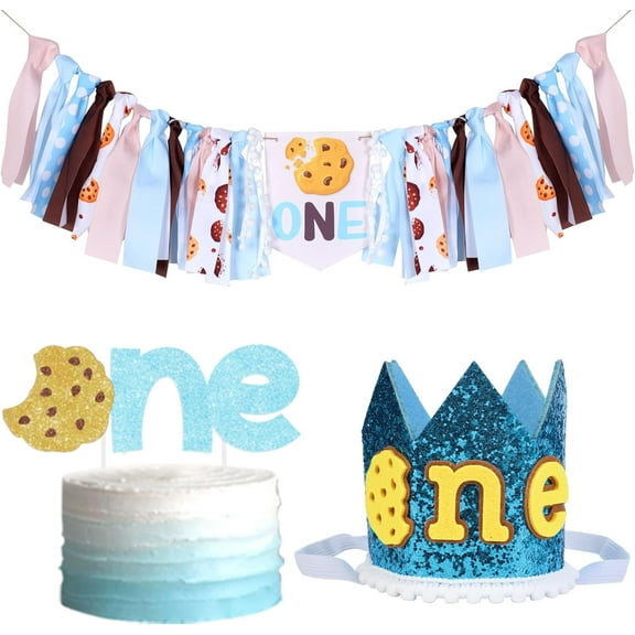 Cookie 1st Birthday Decorations for Girls and Boys, Cookie High Chair Banner Cake Topper and Birthday Hat Crown for Dessert Themed First Bday Party Supplies