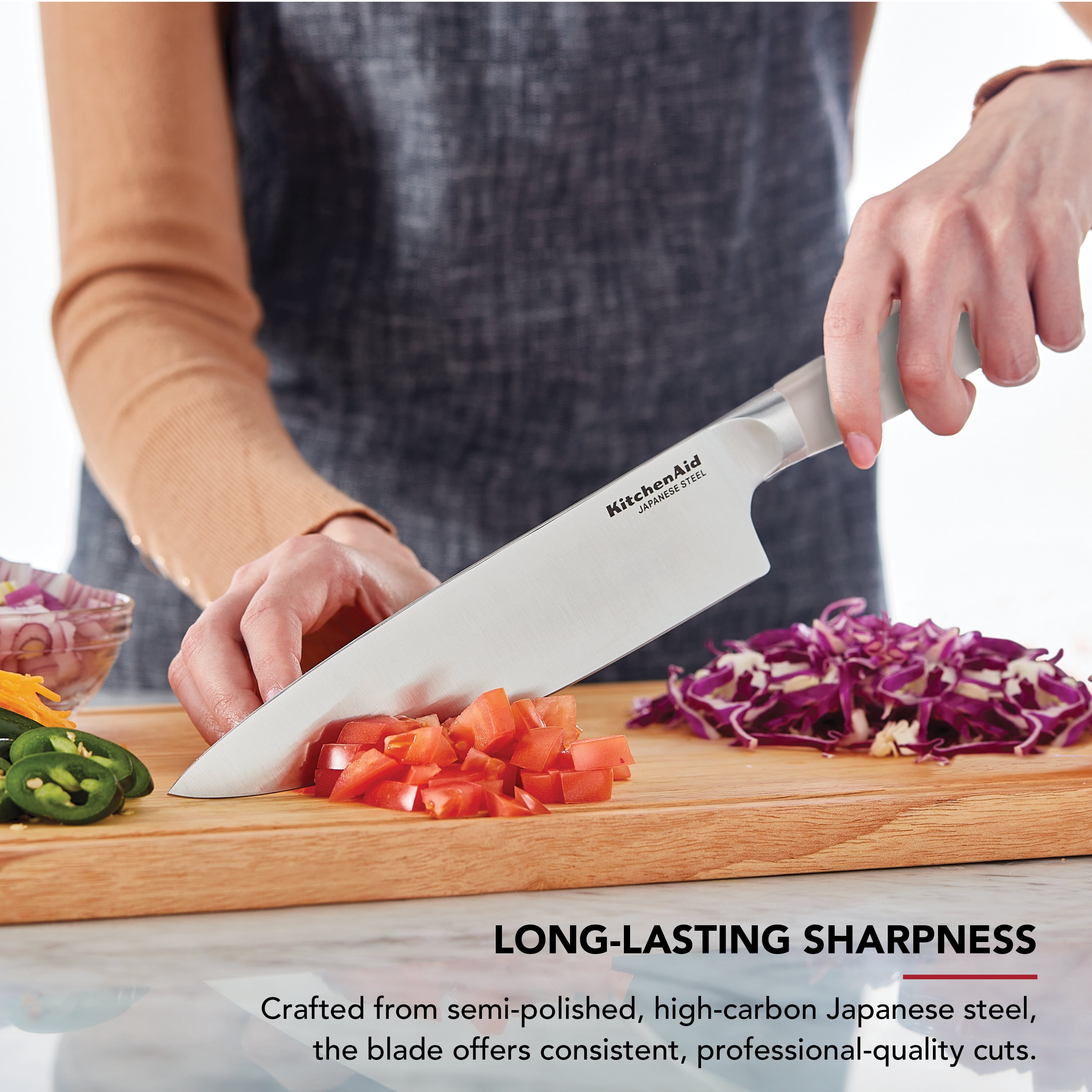 KitchenAid Gourmet Forged Chef Knife with Custom-Fit Blade Cover, 8-inch, Sharp Kitchen Knife, High-Carbon Japanese Stainless Steel Blade, Milkshake