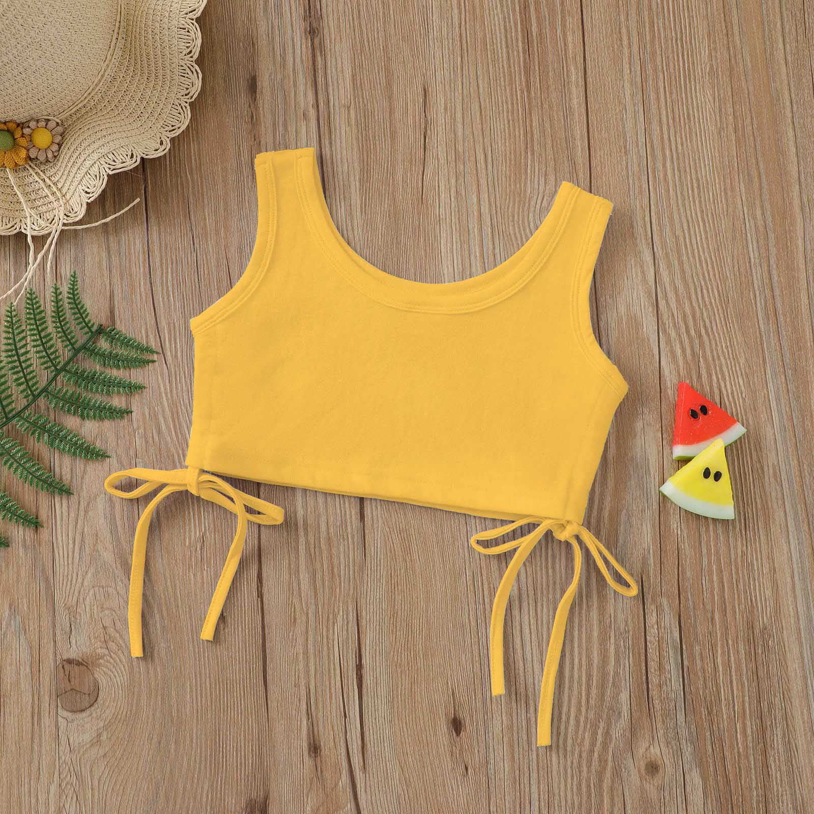 TopLLC Round Neck Tank Top Baby Summer Girls Round Neck Solid Color Drawstring Waist Short Top Girl Blouse
