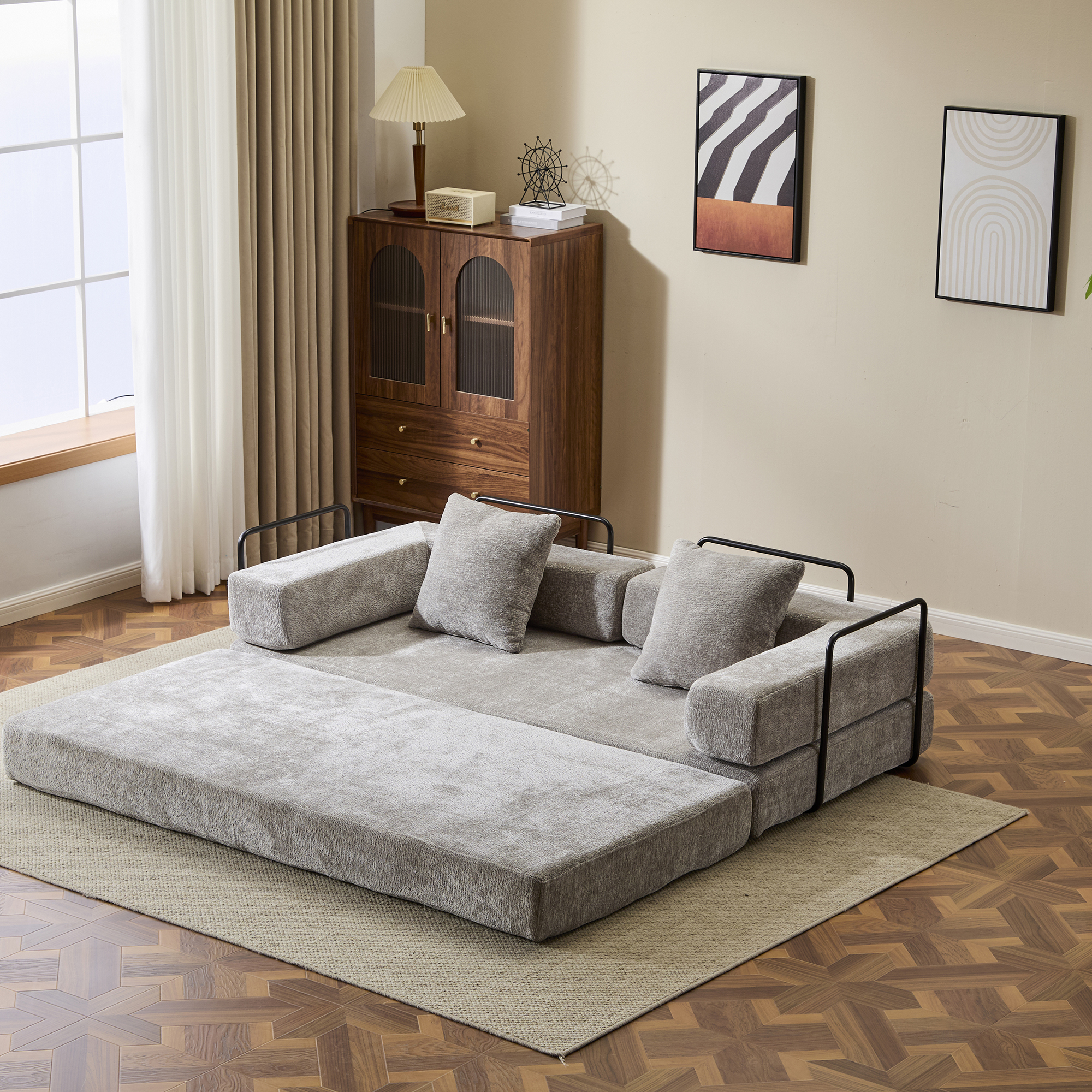 Miniyam 4 in 1 Convertible Floor Sofa Bed, Chenille Floor Couch with Armrest, Pillow for Living Room, Light Gray