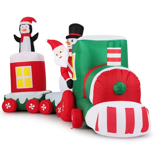 Gymax 11.5 Ft Outdoor Christmas Inflatable Train Blow up Xmas Train Decoration w/ Santa Multicolor. This festive inflatable train features Santa Claus as the conductor, accompanied by a cheerful penguin and snowman in the carriages. The train is pre-lit with 7 bright LED sets, creating a vibrant holiday display. Made from weatherproof polyester fabric, it is designed for outdoor use and can withstand rain, snow, and wind. The flexible car connection allows for straight or curved setups, making it suitable for various spaces. Dimensions: 137.8 x 47.24 x 69.69 inches.