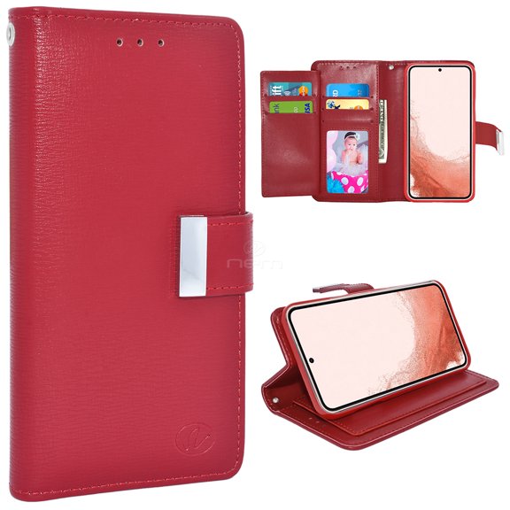 For Samsung Galaxy S21 FE 5G / SM-G990 Double Flap Folio Leather Wallet Pouch Shockproof Protective Case Cover Red