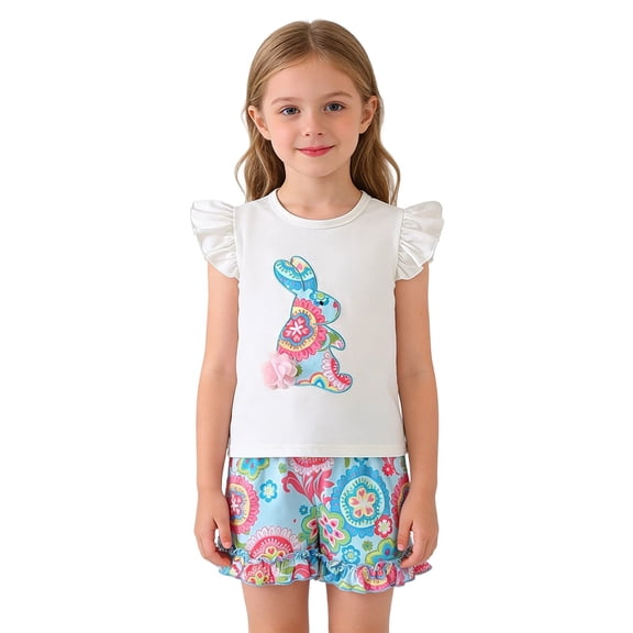Little Girls Shorts Set Outfits Set Short Sleeve Matching Sets Girls Casual Outfit Cute Bunny Applique Top With Lace Shorts Two Piece Playwear Clothes Set White 5-6 Years
