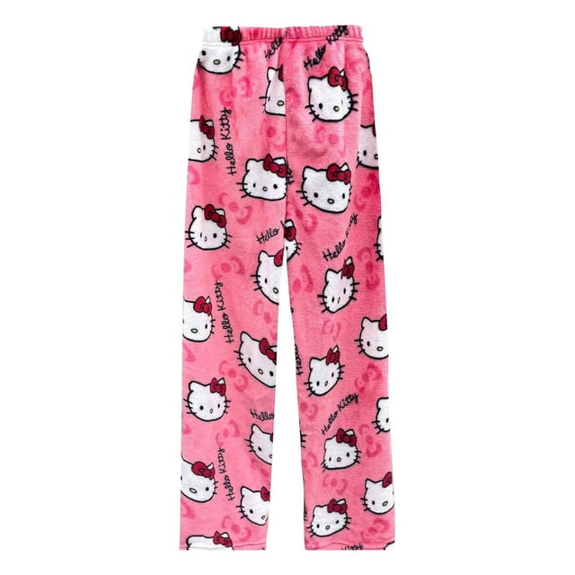 Pantalones de pijama de Hello Kitty con estampado completo de gato, pantalones de pijama de franela para dormir, pantalones navideños para el hogar, 2XL,Pink,M