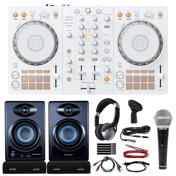 Pioneer DDJ-FLX4-W 2-Channel DJ Controller in White Starter Pack with Headphones, Monitors & Microphone Package